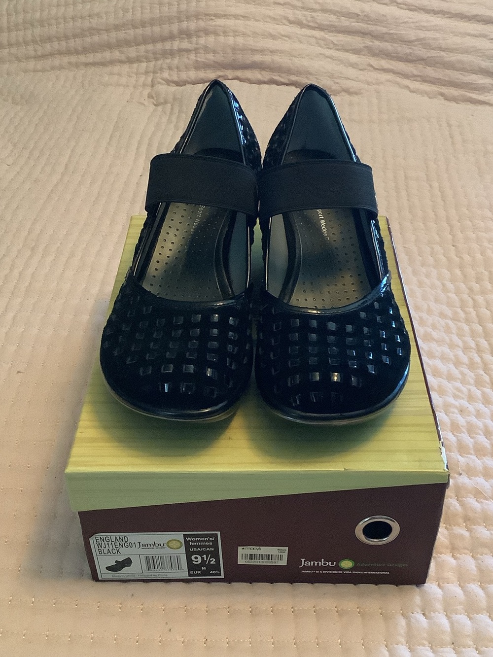 Jambu Wedge Black Patent & Soft Leather Mary Jane Slip-Ons with Elastic Strap